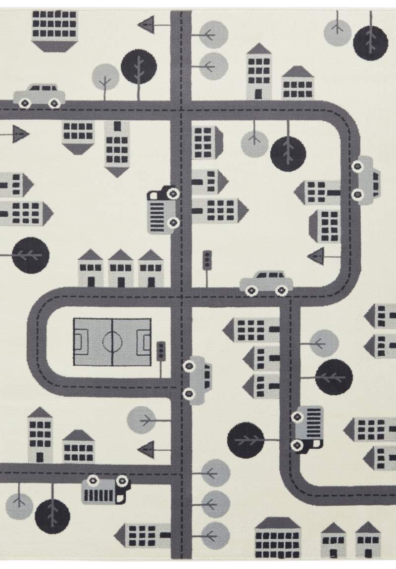 Children's play mat with road and vehicle pattern on a beige background