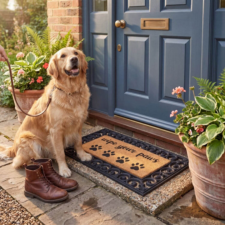 Doormat with 'wipe your paws' text and paw prints on a white background