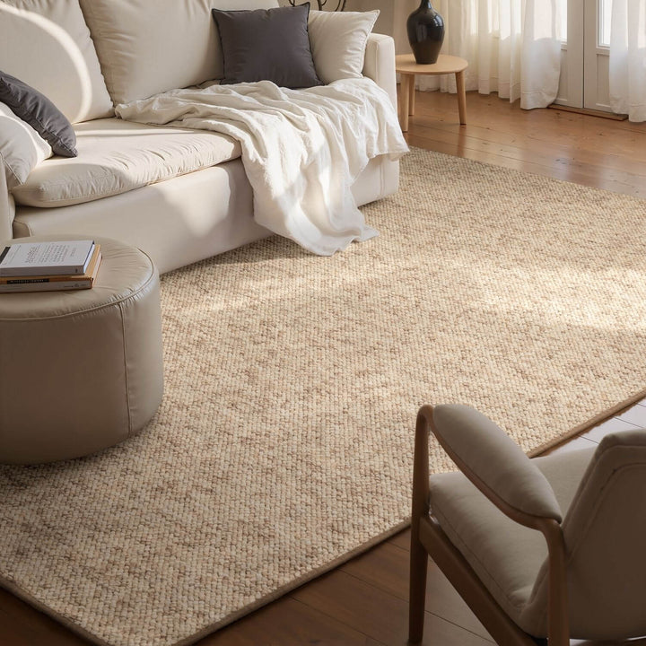 Living room with a beige sofa, rug, and chair.