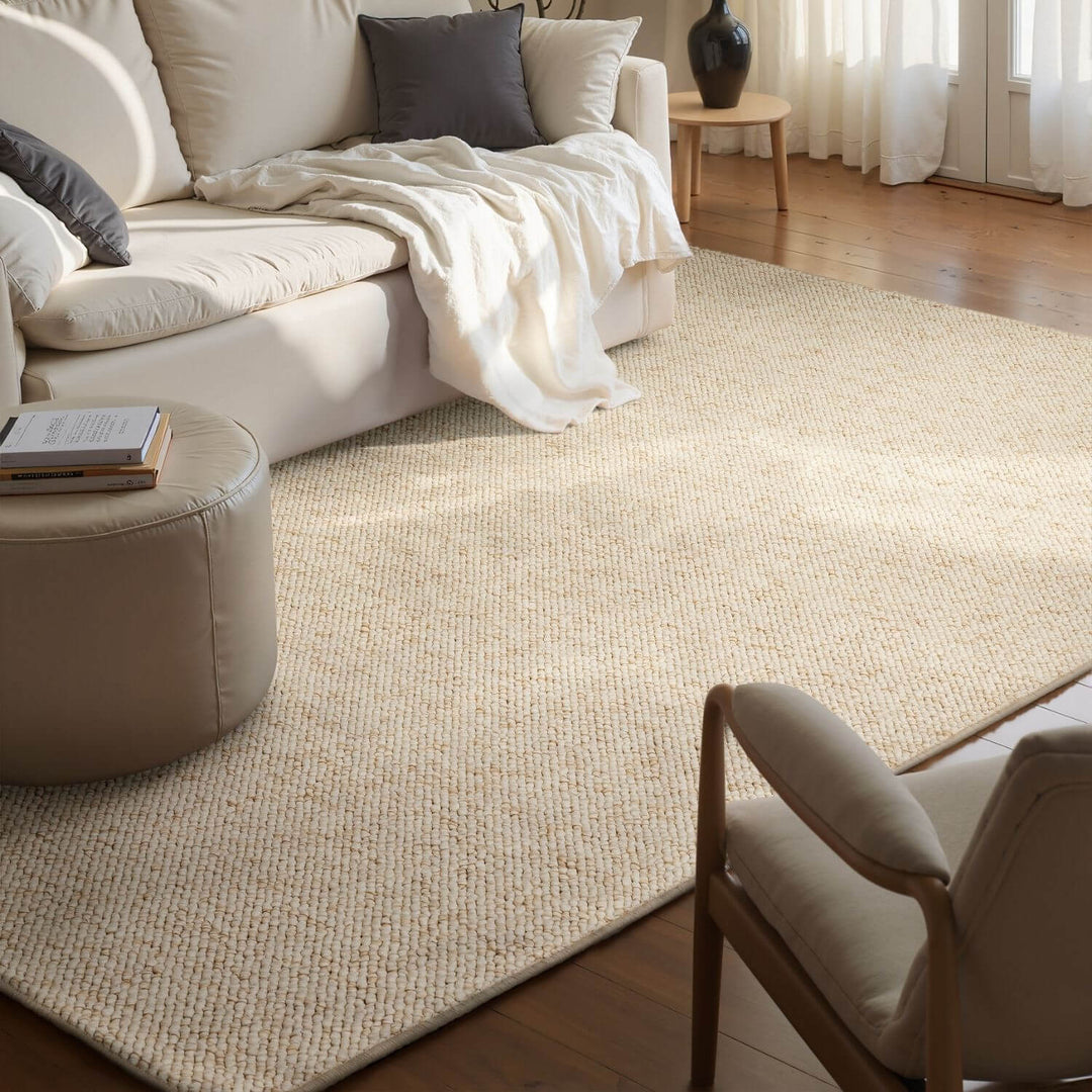 Living room with a beige rug, white sofa, and wooden coffee table.