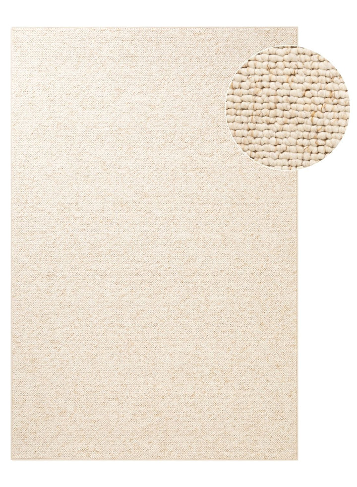 Beige textured rug with a close-up detail on a white background
