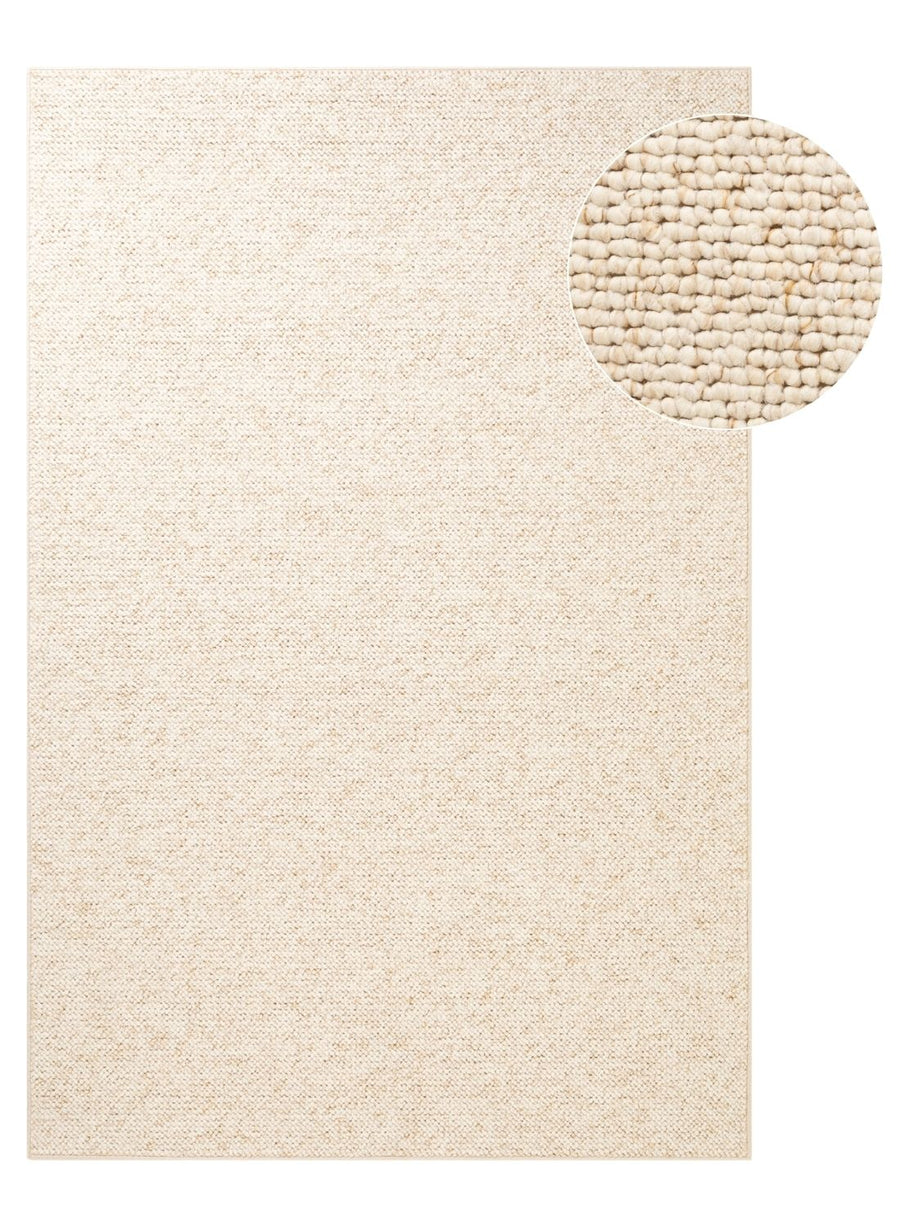 Beige textured rug with a close-up detail on a white background