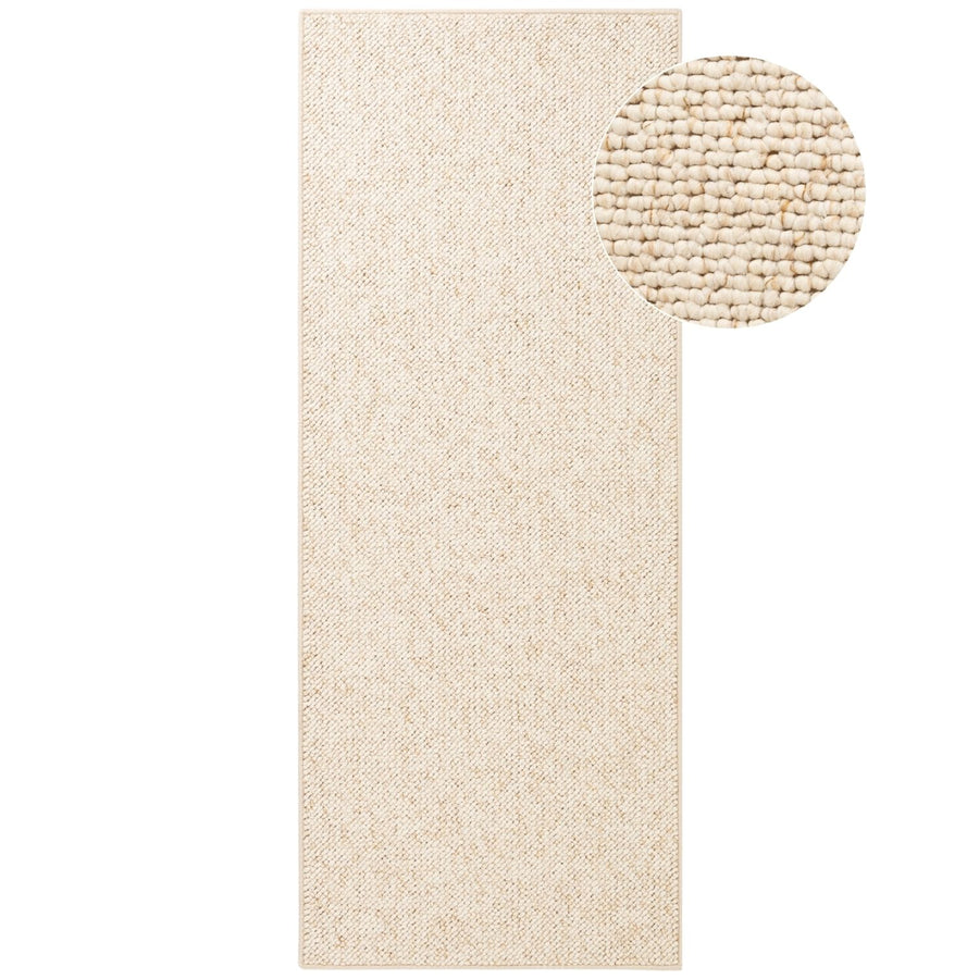 Beige rectangular rug and round mat on a white background