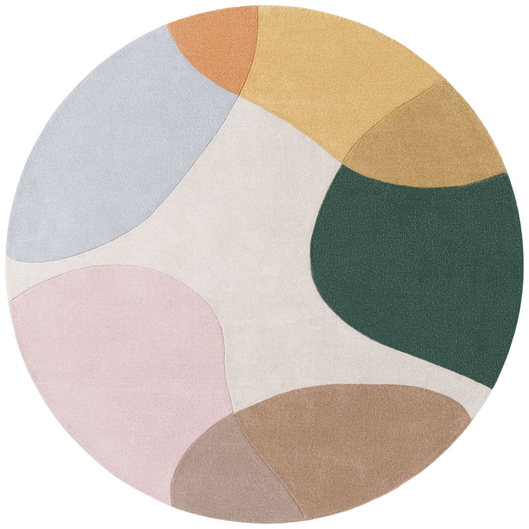 Round rug with colorful geometric pattern on a white background