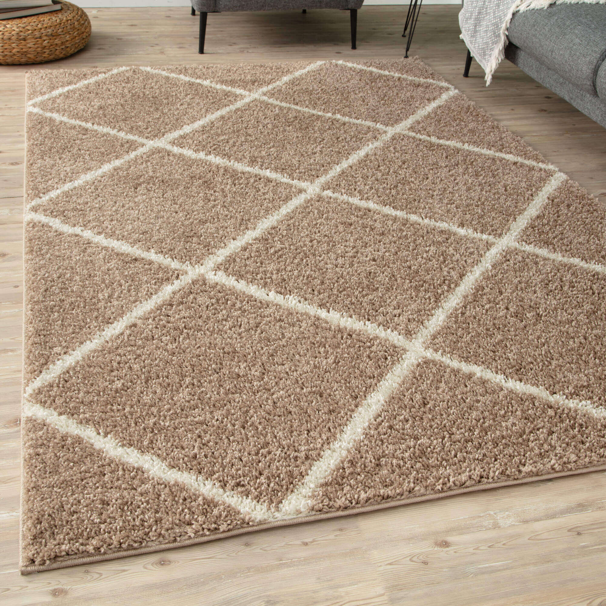 Diamond Design Thick Shaggy Area Rugs Beige | The Rugs