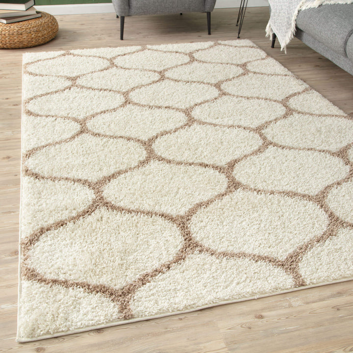 Trellis Design Thick Shaggy Area Rugs Ivory Beige