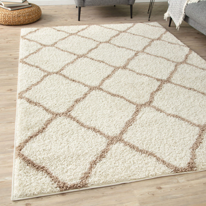 Moroccan Design Thick Shaggy Area Rugs Ivory Beige