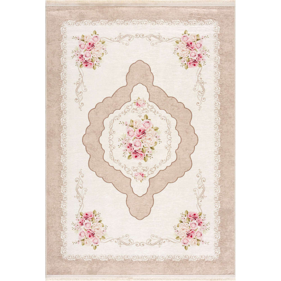 Machine Washable Medallion Rose Design Rug in Beige | The Rugs