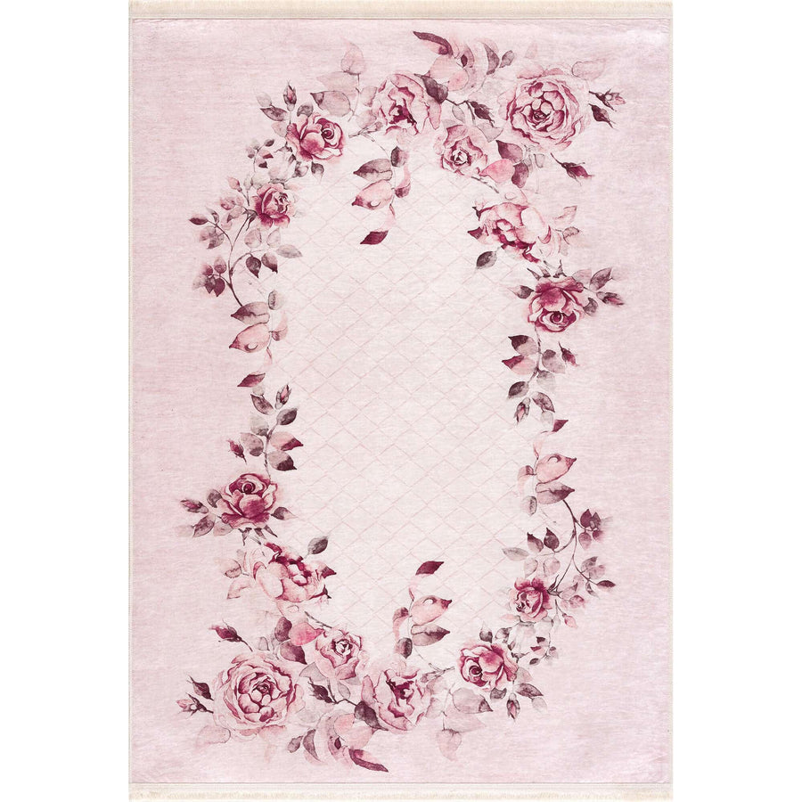 Machine Washable Floral Design Pink Rug