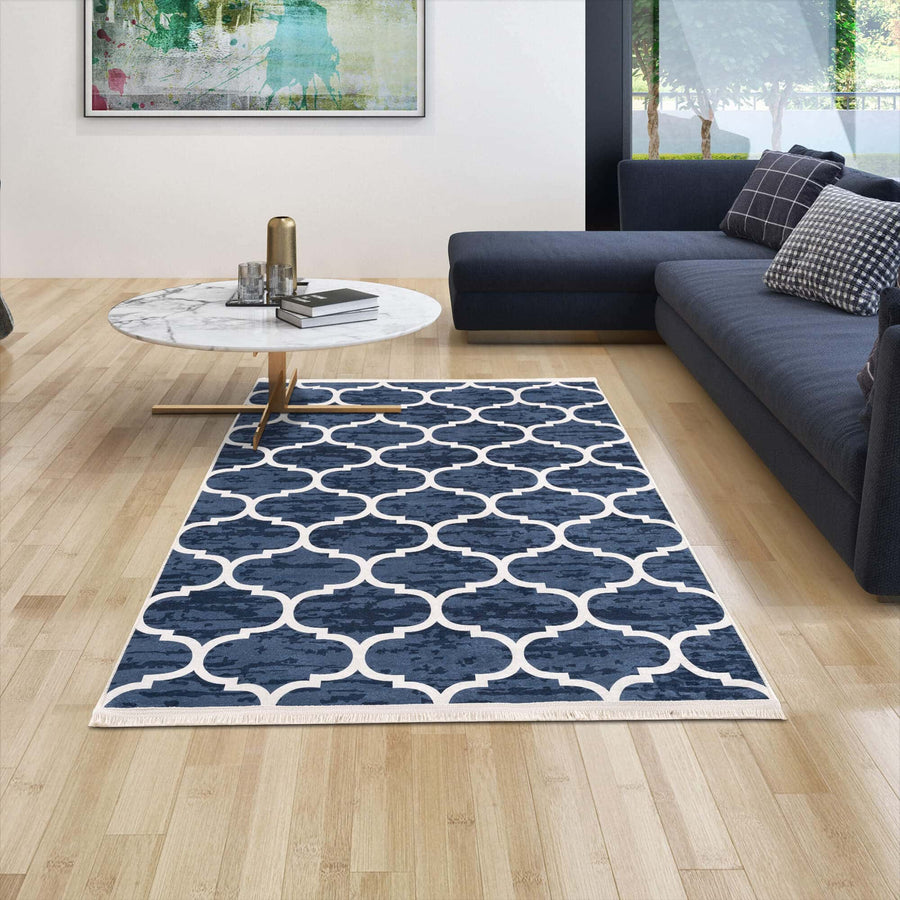 Machine Washable Moroccan Design Blue Rug | The Rugs