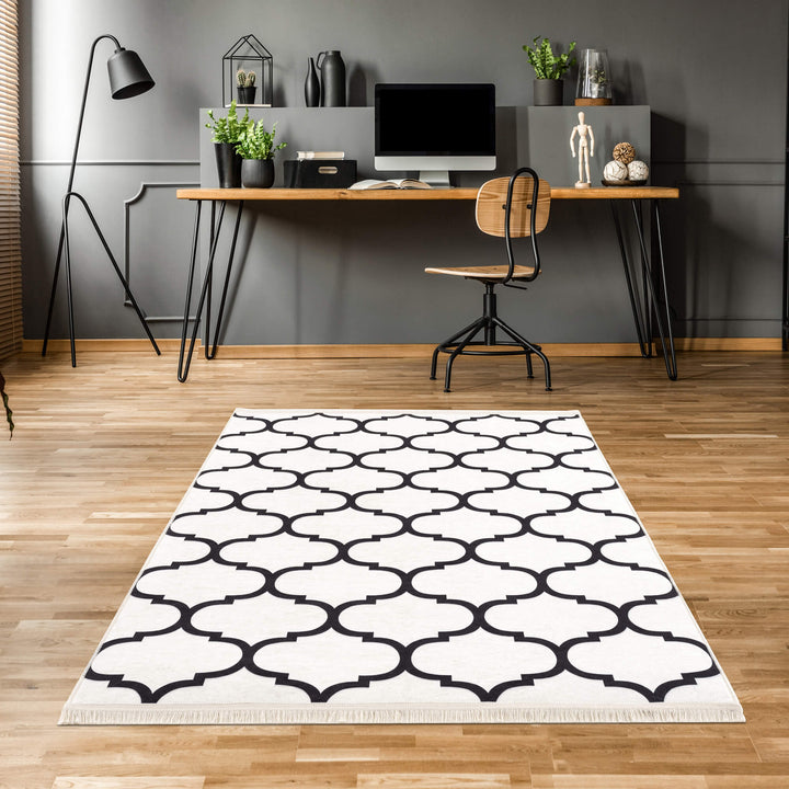 Machine Washable Moroccan Design Rug in White | The Rugs