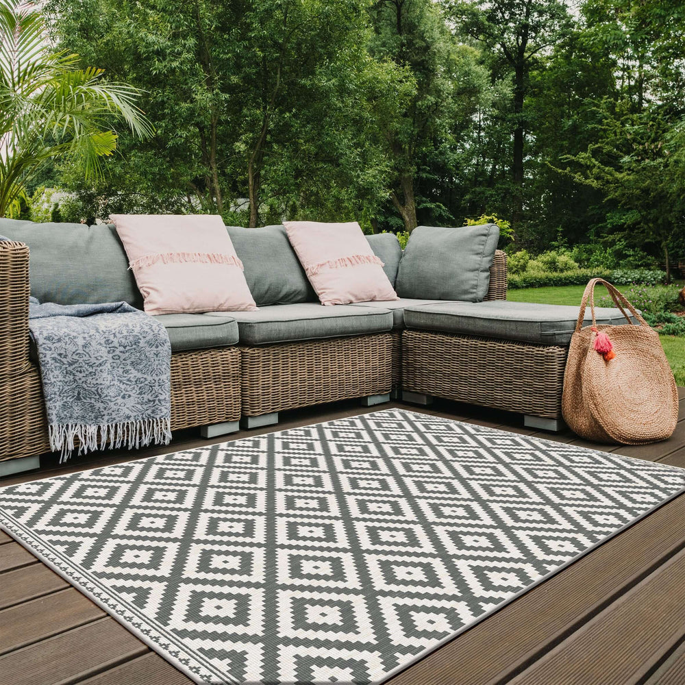 In Black & Grey Geometric Design Reversible Outdoor Rug