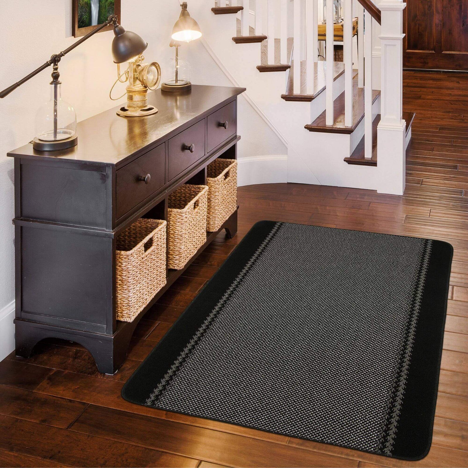 Machine Washable Designer Mats | Bordered Line Design Black