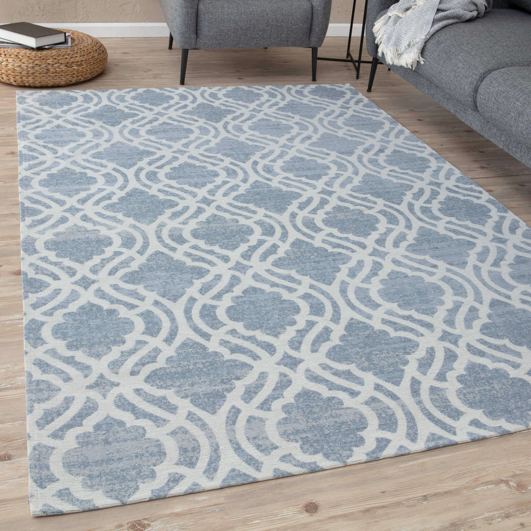 blue moroccan washable rug with modern living room 